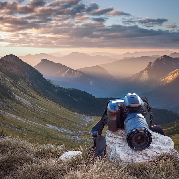 a camera is sitting on a rock in front of a mountain range