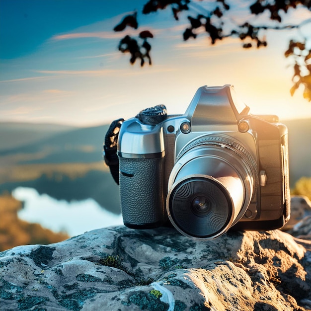 a camera is sitting on a rock with the sun setting behind it