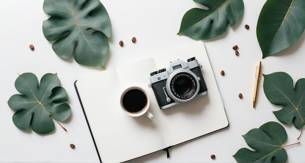 a camera is sitting on a white pad with a leaf in the background