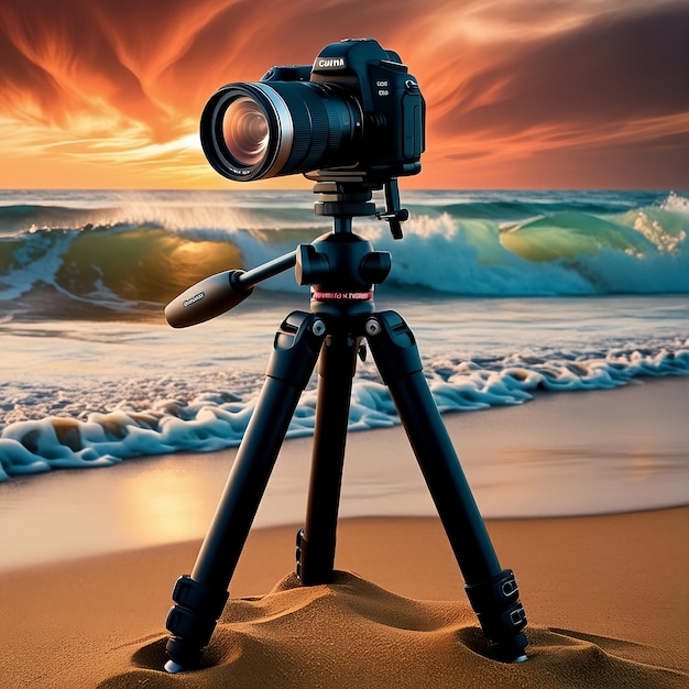 a camera is on a tripod that is on a beach