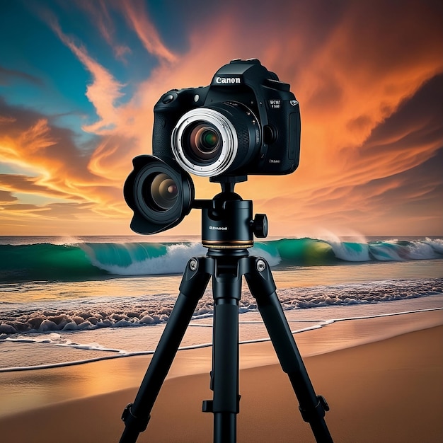 a camera is on a tripod that is on a beach