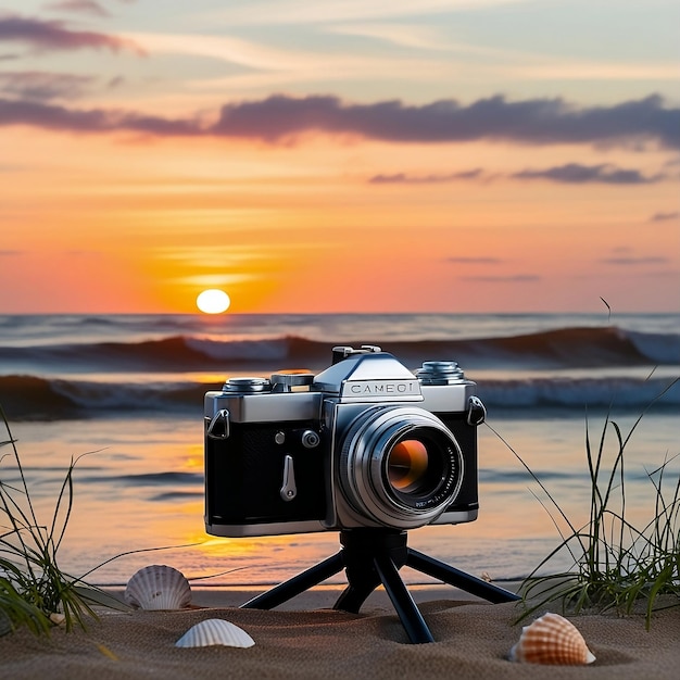 a camera is on a tripod that is on a beach