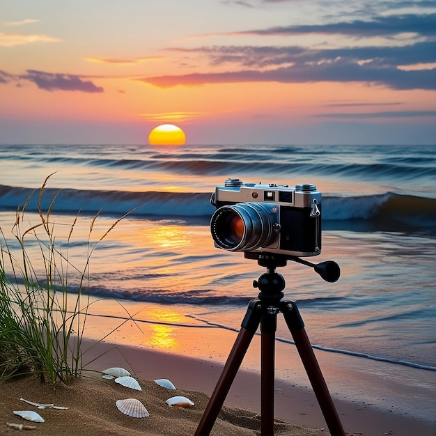 a camera is on a tripod that is on a beach