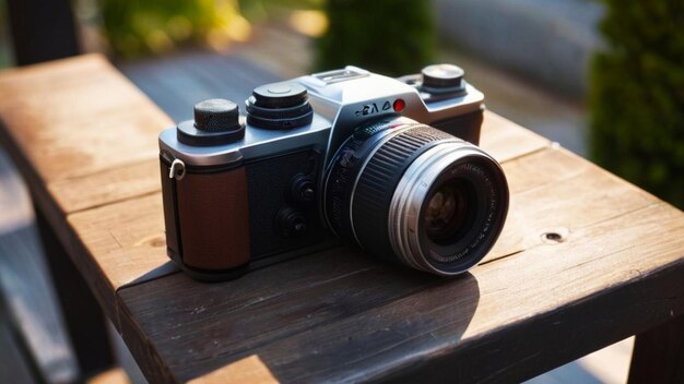 a camera laying on a wooden surface with the number 50 on it