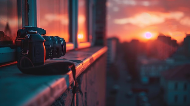 a camera on a ledge with the sun setting behind it