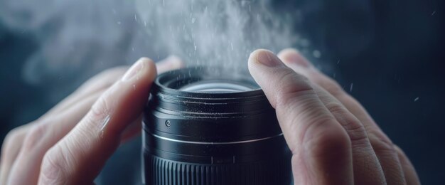 Photo camera lens cleaning with air blower