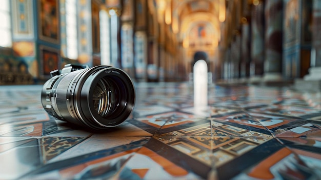 Photo a camera lens is laying on the floor in front of a large window