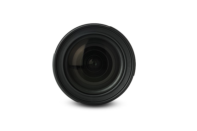 Camera lens isolated on white background, close up