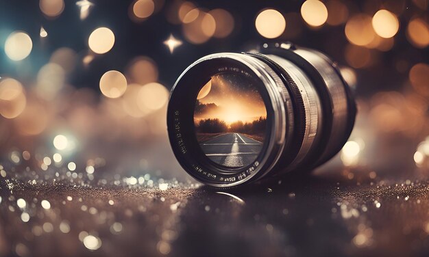 a camera lens laying on the ground with a tree in the background