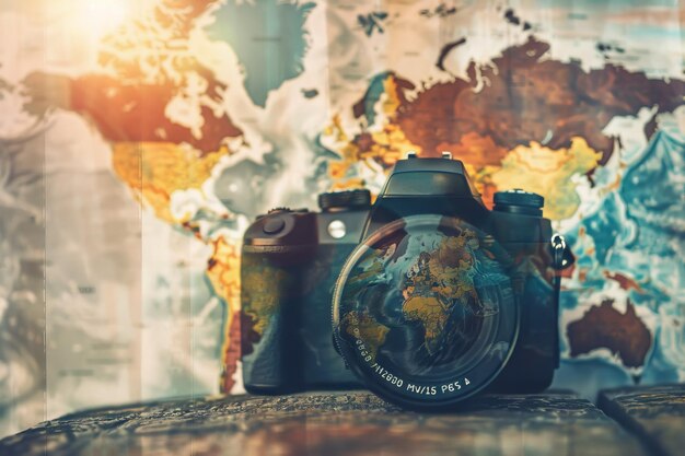 Camera Lens Reflecting World Map