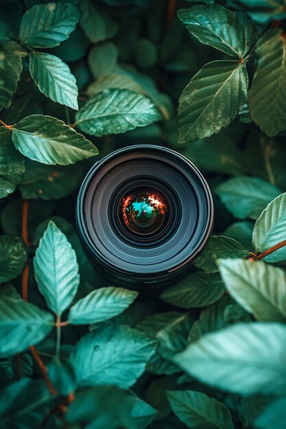 Photo camera lens surrounded by bright green leaves suggesting nature photography and wildlife exploration