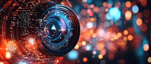 Photo camera lens with blurred lights and glowing lines