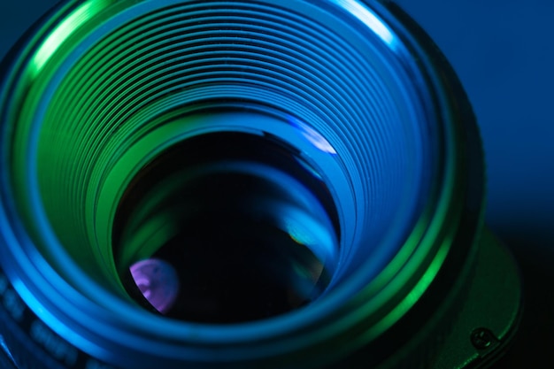 Camera lens with lens reflections on background