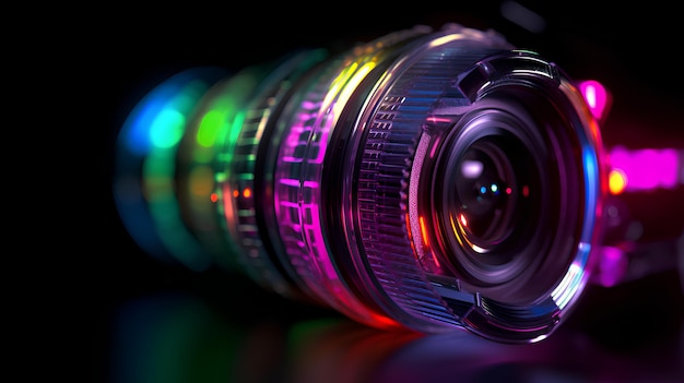 A camera lens with a rainbow colored lens