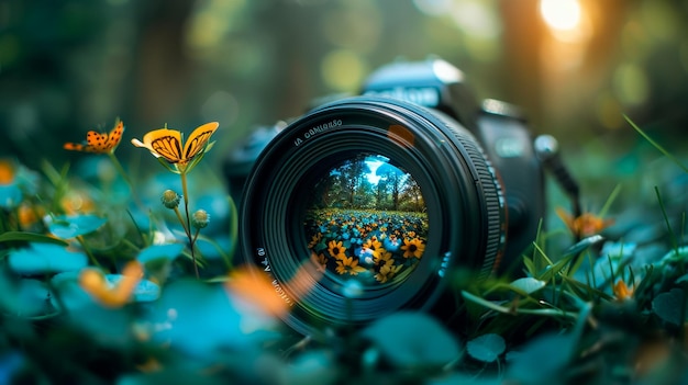 a camera lens with a yellow flower in the bottom right corner