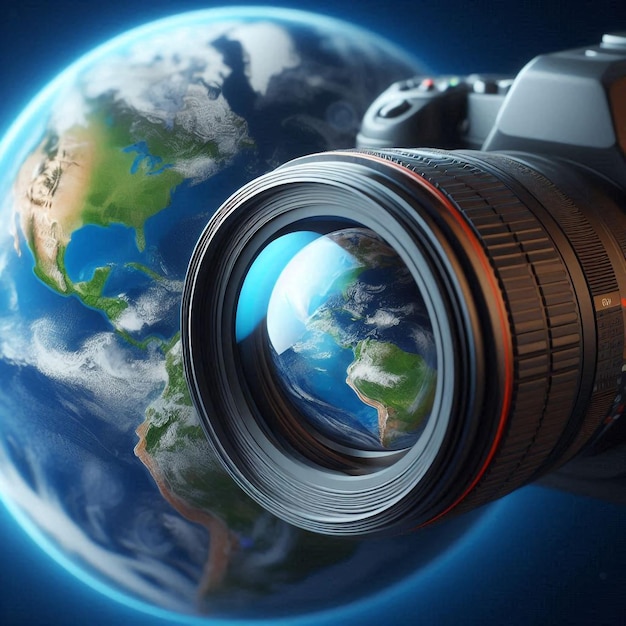 Camera lens and world globe wallpaper