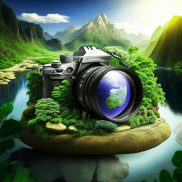 Camera lens and world globe wallpaper