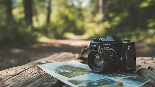 a camera on a log with a picture of a tree in the background