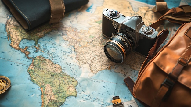 a camera and a map of the world