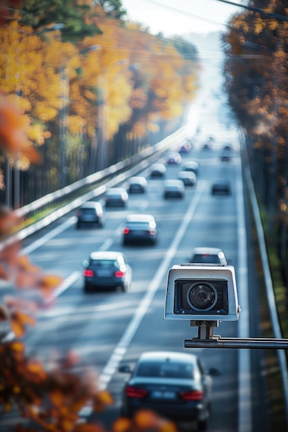 Photo a camera mounted on a pole overlooking a busy highway ideal for surveillance and traffic monitoring purposes