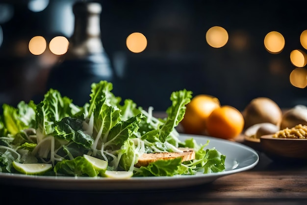 The camera moved closer to a Caesar salad and far away there was a blurry picture of a clean blacksmith workshop AI Generated