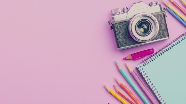 Photo camera notebook and colored pencils on a pink background