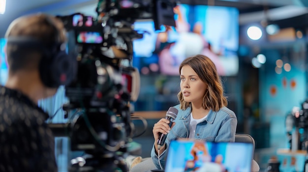 Camera operator monitors the shot Journalist records an interview subject on a brightly lit studio set