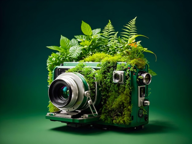 Photo a camera overgrown with lush greenery and plants symbolizing the blend of technology and nature