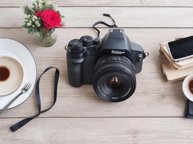 Photo a camera and a pair of glasses sit on a table