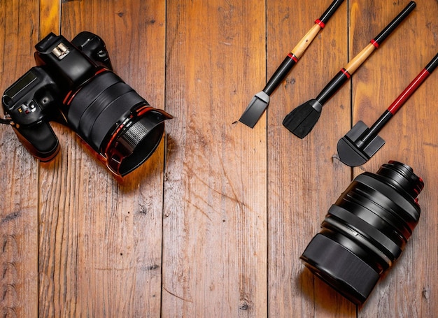 A camera and a pair of slr lenses on a wooden table.