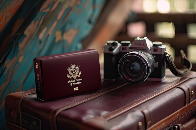 Photo camera and passport in suitcase