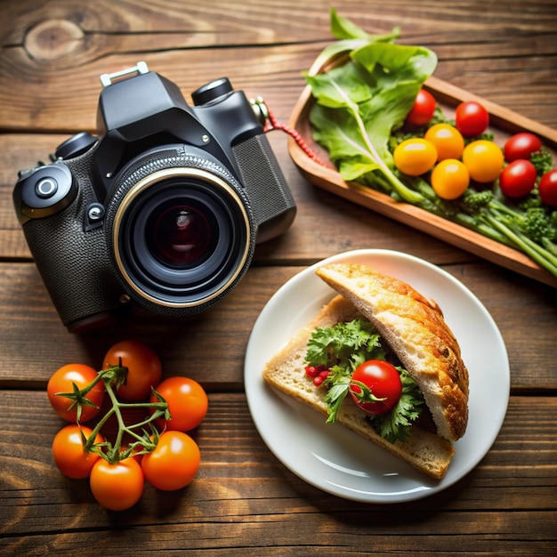 Photo a camera and a plate of food on a table with a camera on it