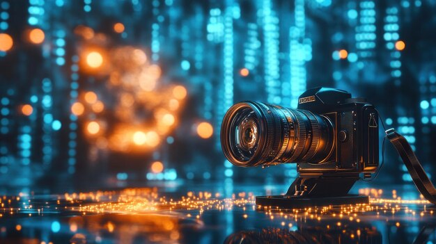 Photo a camera on a reflective surface with a futuristic illuminated background