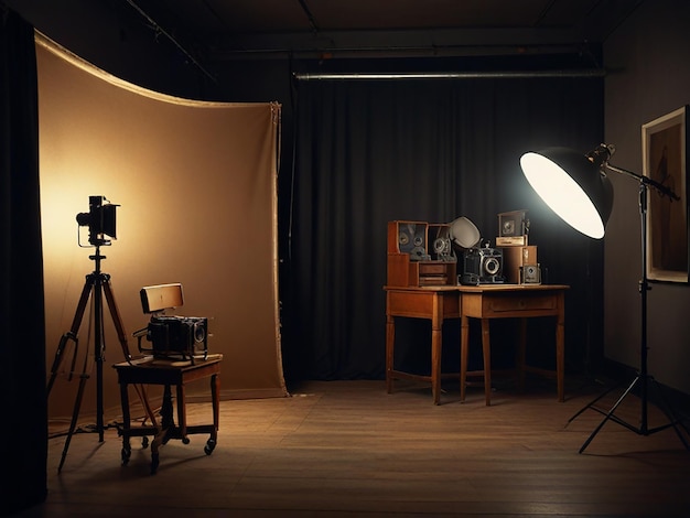 a camera set up in front of a backdrop for a camera