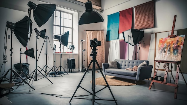 a camera set up in front of a couch and a camera