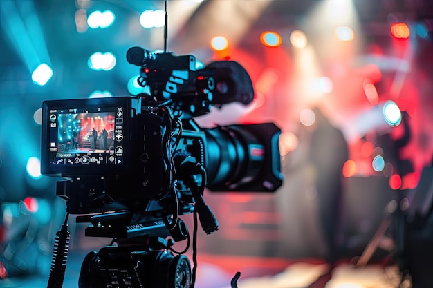 A camera set up on a tripod with a blurry background