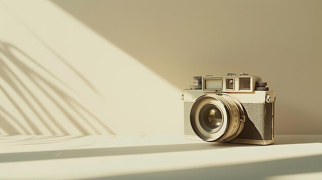 a camera on a shelf with the reflection of a palm tree in the mirror