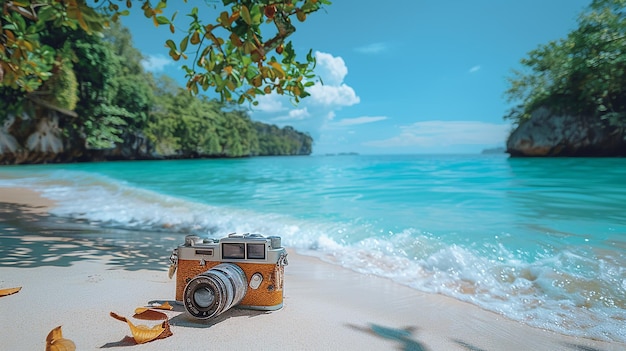 Photo a camera sits on a beach with a palm tree in the background