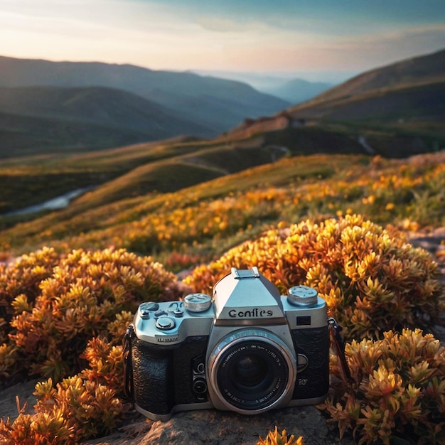 Photo a camera sits on a rock with a mountain view in the background