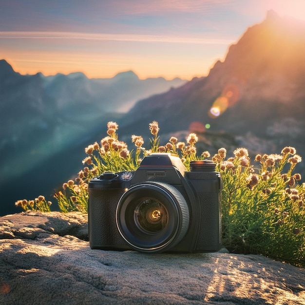 a camera sits on a rock with the sun setting behind it