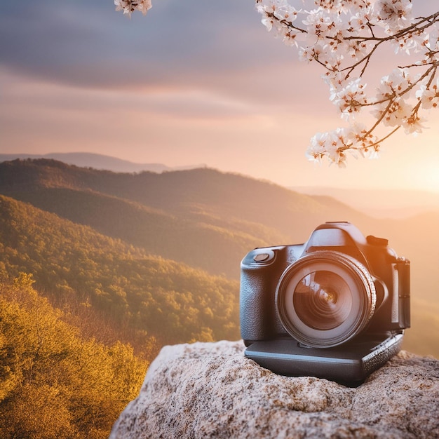 a camera sits on a rock with a sunset in the background