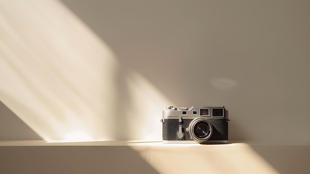 a camera sits on a shelf in a sunlit room