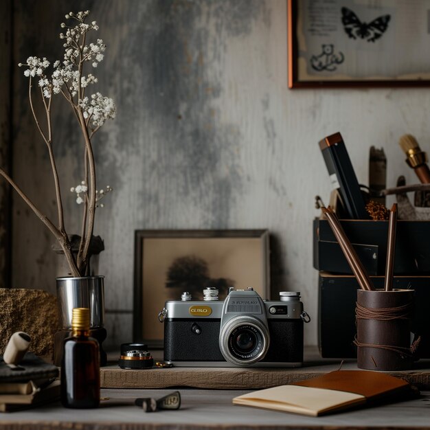 a camera sits on a table with a picture of a bird on it