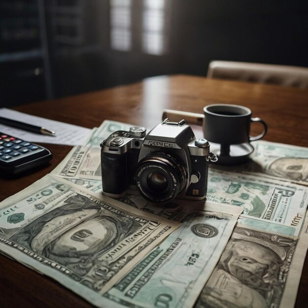 Photo a camera sits on top of a stack of money on a table