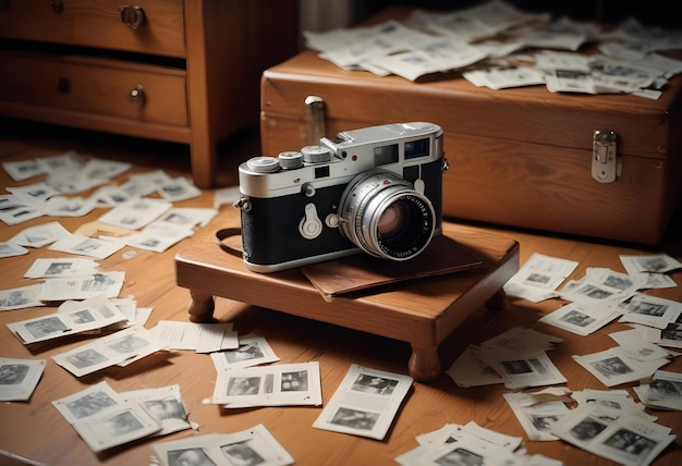 a camera sits on top of a stack of papers