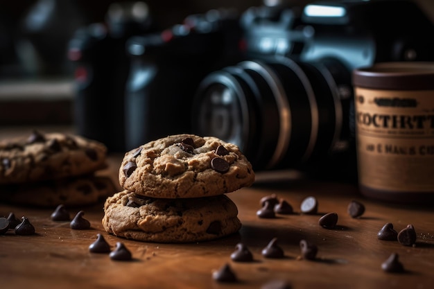 A camera and a stack of cookies with a camera behind them