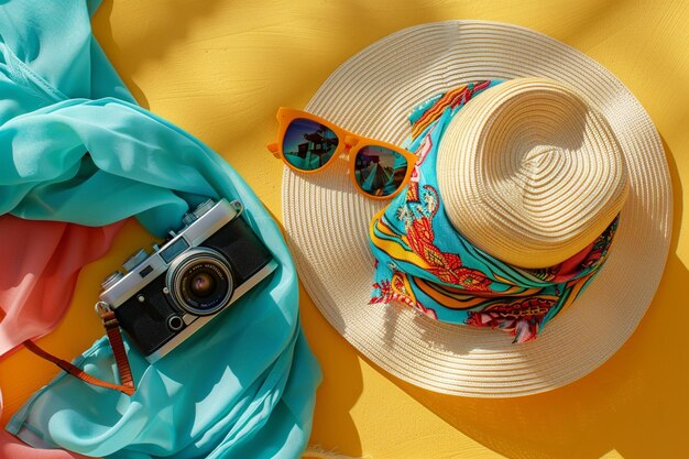 Photo a camera sunglasses and hat are on a yellow surface