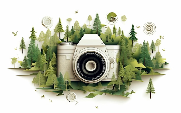 Camera Surrounded by Trees and Birds