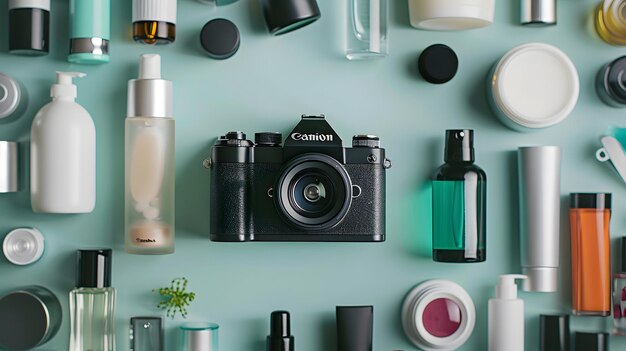 A camera on a table with beauty products arranged in a balanced composition around it