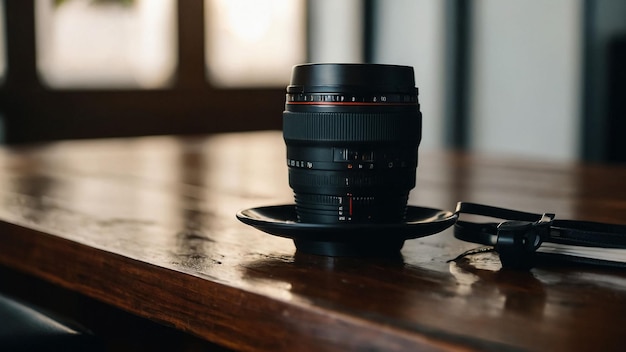 Photo a camera on a table with a cup and saucer on it